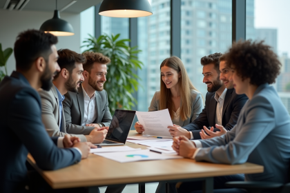 Groupe de jeunes professionnels discutant autour d'une table moderne