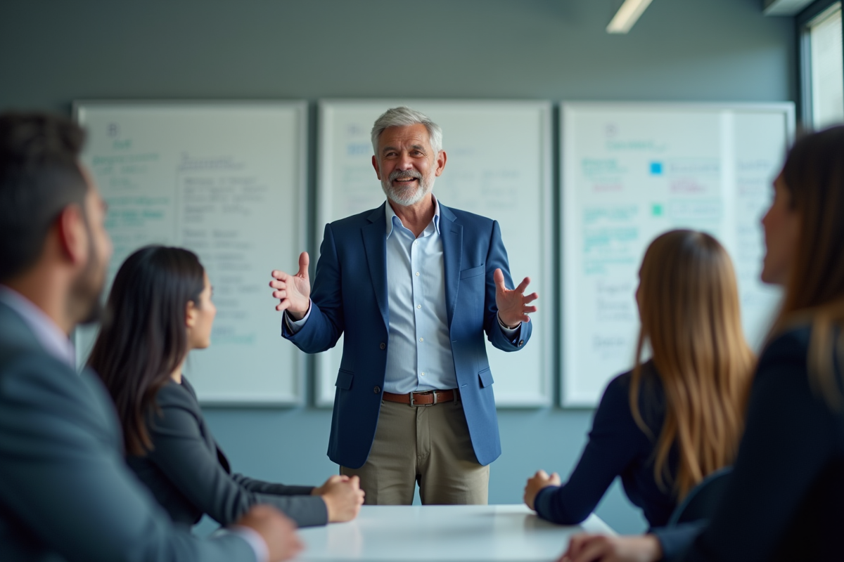 Groupe de personnes en discussion dans une salle moderne