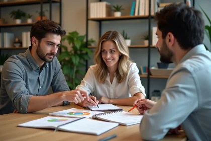 Groupe de trois adultes discutant autour de diagrammes VAKOG