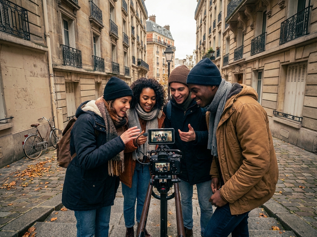 Groupe d'étudiants en cinéma collaborant sur un tournage en extérieur dans une rue urbaine