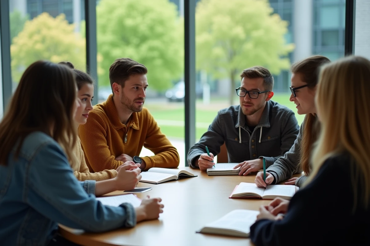 Étudiants en groupe discutant autour d