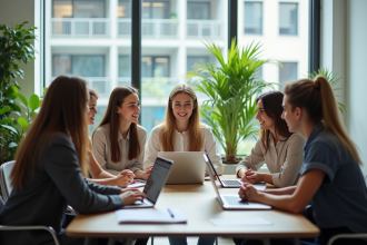 Groupe de jeunes discutant avec un conseiller en carrière dans un bureau lumineux