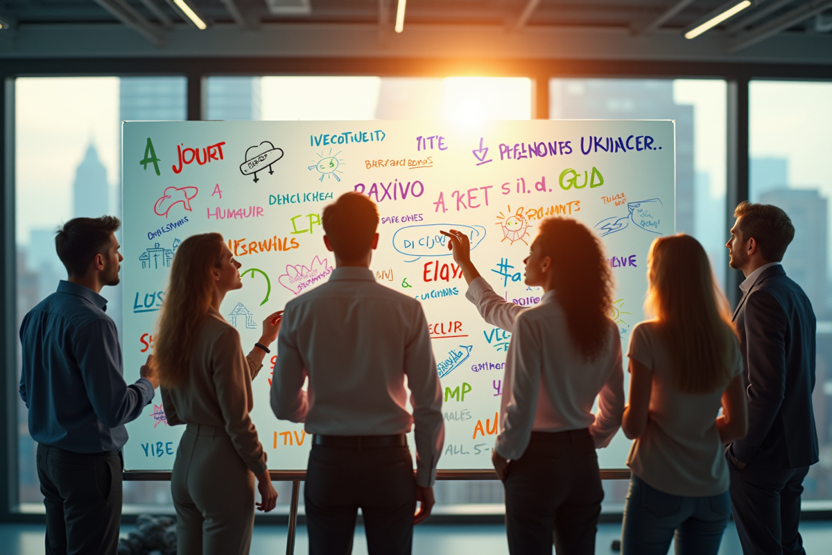 Groupe de personnes écrivant des objectifs sur un tableau blanc lumineux
