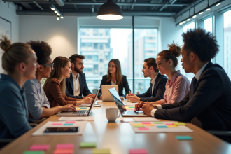 Groupe de professionnels en atelier collaboratif avec notes colorées
