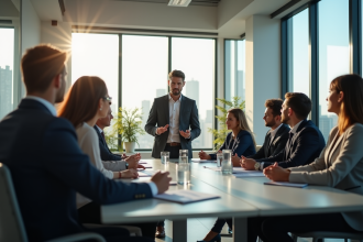 Groupe de professionnels en réunion dans un bureau lumineux