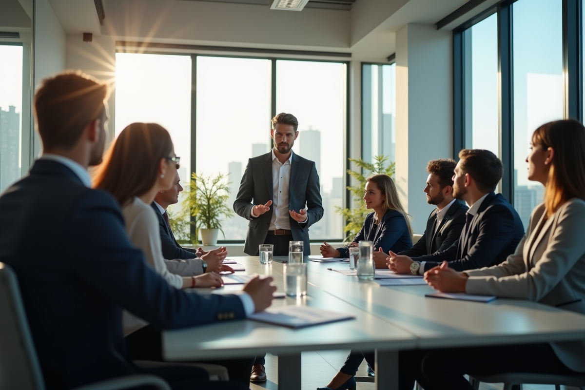 Groupe de professionnels en réunion dans un bureau lumineux