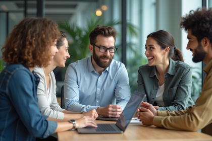 Groupe de professionnels autour d'un logiciel de ressources humaines