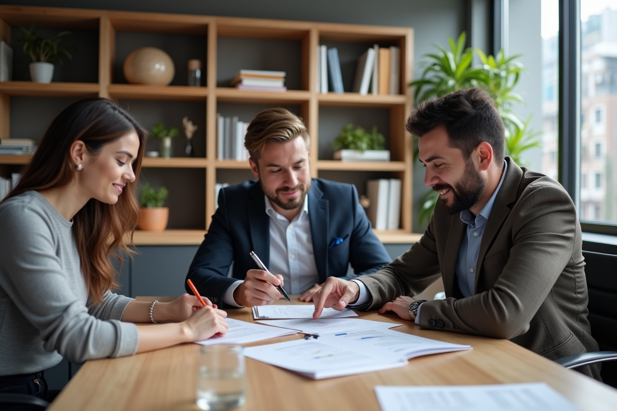Groupe de professionnels discutant de CV dans un bureau lumineux