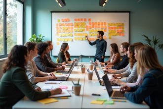 Groupe diversifié en atelier collaboratif dans un bureau moderne