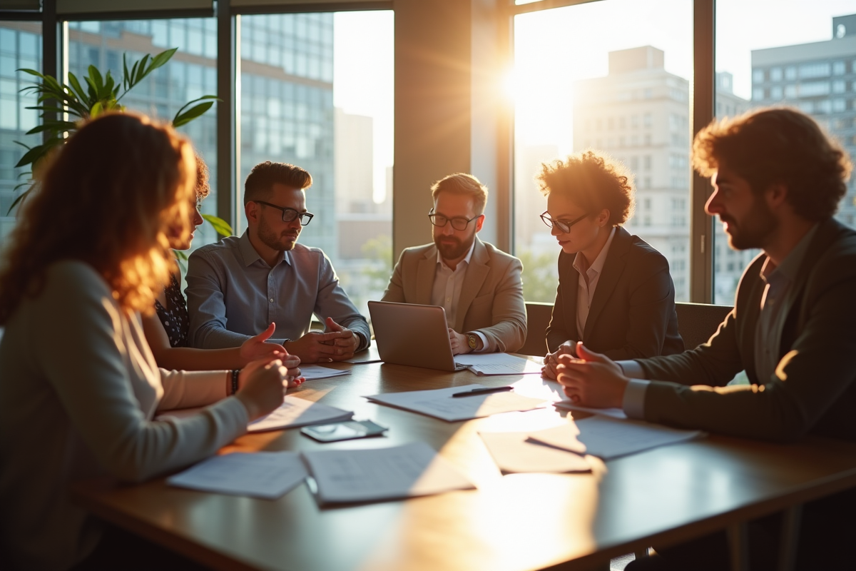 Groupe diversifié en réunion de travail en entreprise