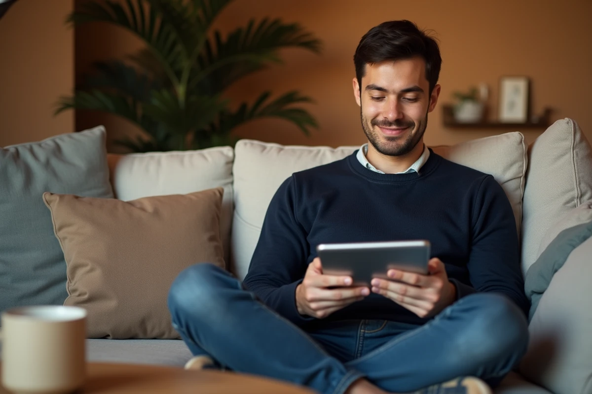 Homme consultant une plateforme d'abonnement formation marketing sur une tablette depuis son canapé