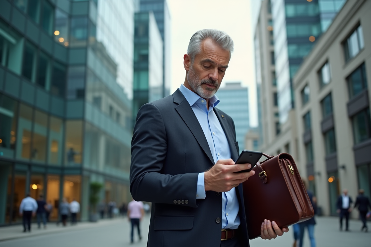 Homme d affaires avec sac en ville utilisant son smartphone