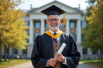 Homme agee en toge de graduation souriant devant universite