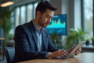 Homme en blazer analysant une tablette dans un bureau moderne