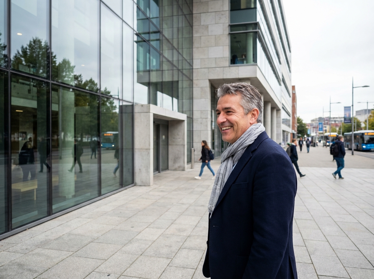 Homme souriant devant une &eacute;cole d