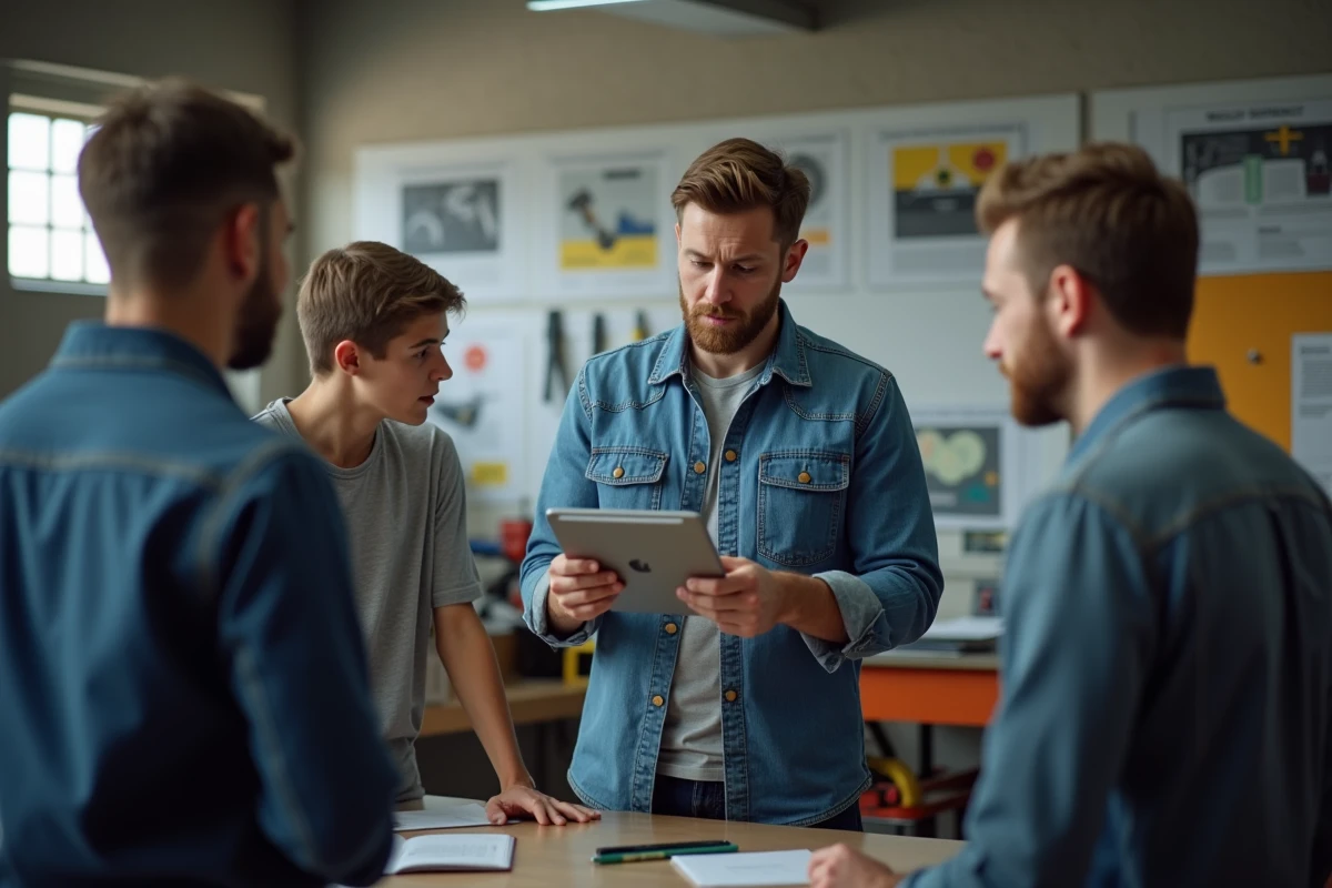 Homme montrant une tablette dans un atelier de formation