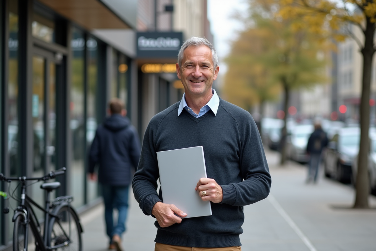 Homme souriant avec un certificat devant un centre de formation en ville
