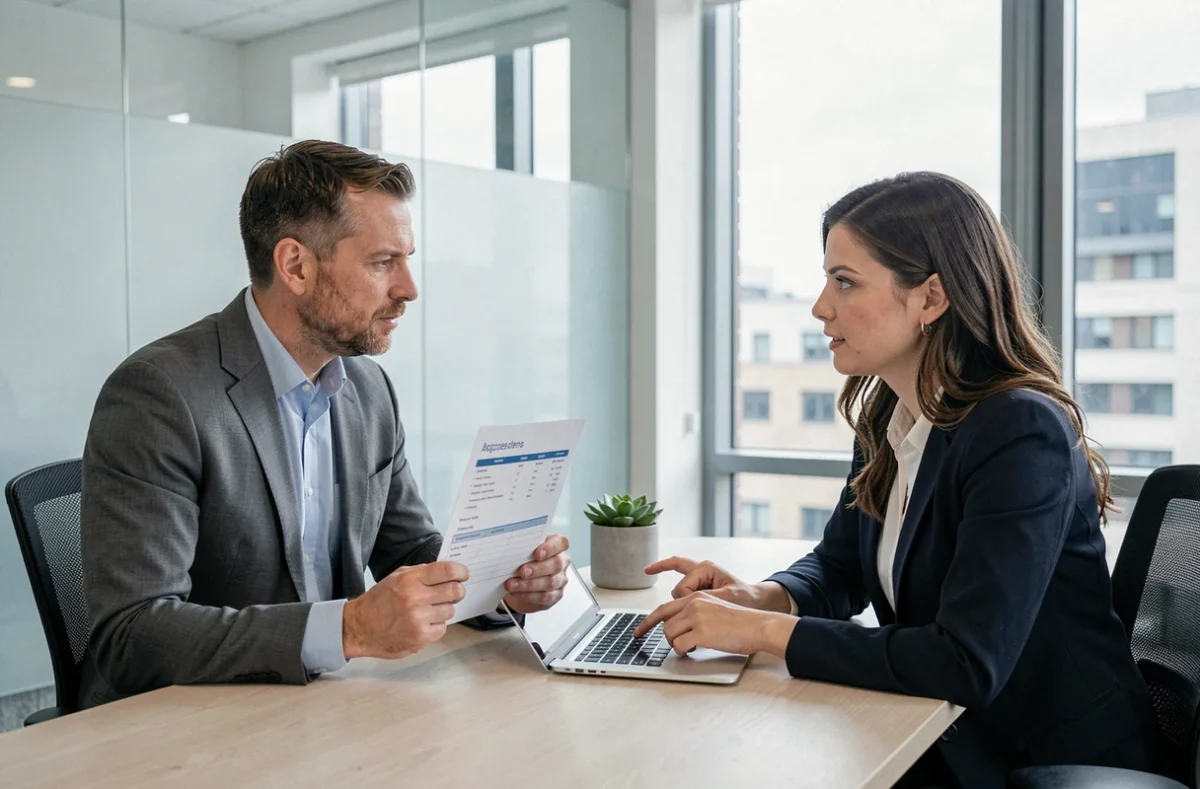 Homme adulte en entretien de bilan de compétences avec un conseiller en orientation professionnelle