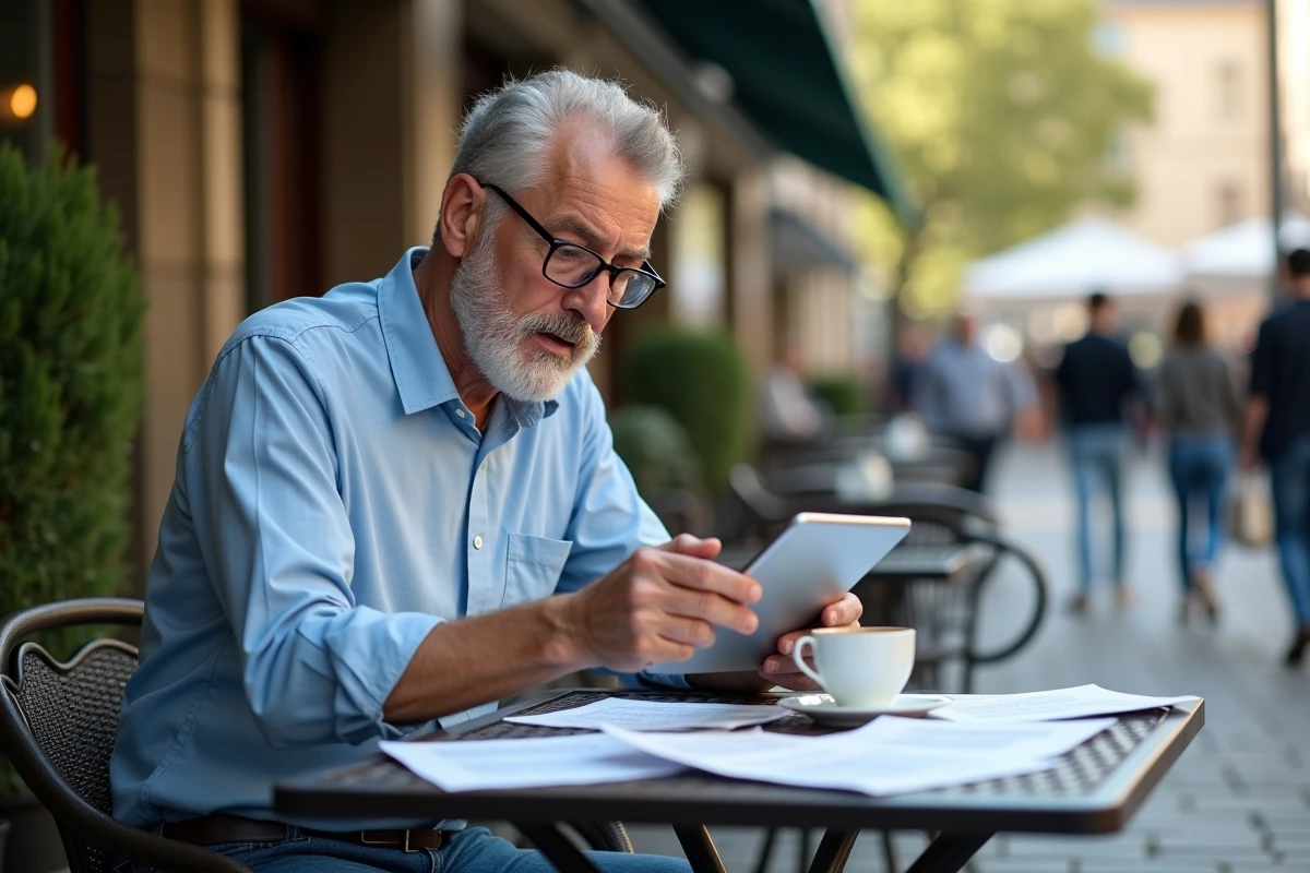Homme mature utilisant une tablette dans un café en ville
