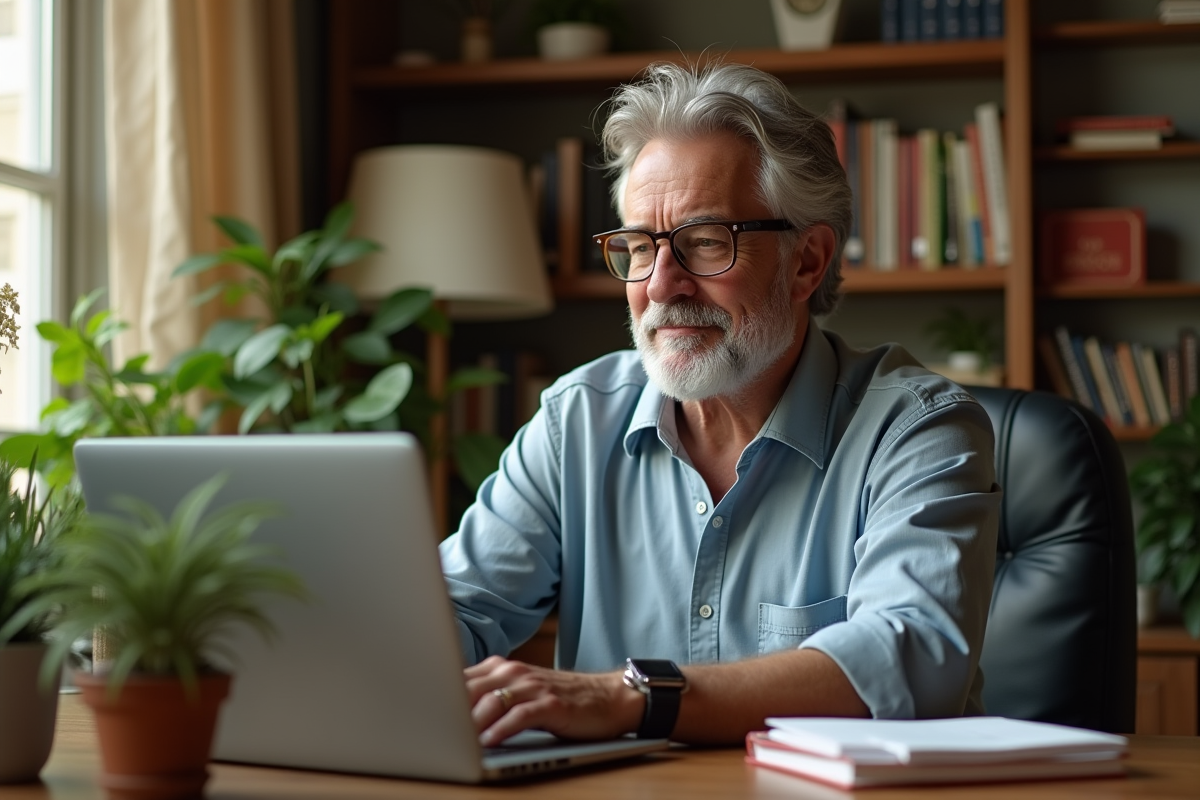 Homme confiant travaillant sur un ordinateur dans un bureau chaleureux