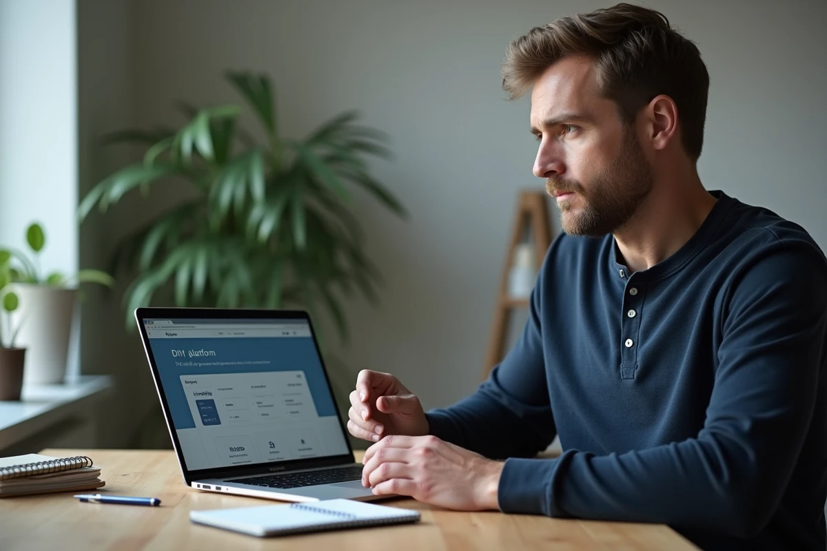 Homme comparant les tarifs d'une plateforme DIY en ligne sur ordinateur portable dans un bureau minimaliste
