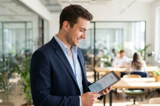 Jeune homme en costume bleu consulte son CV sur une tablette