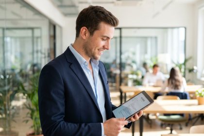 Jeune homme en costume bleu consulte son CV sur une tablette