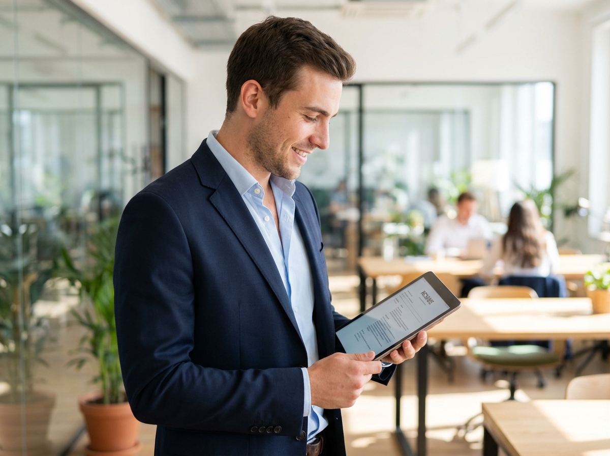 Jeune homme en costume bleu consulte son CV sur une tablette