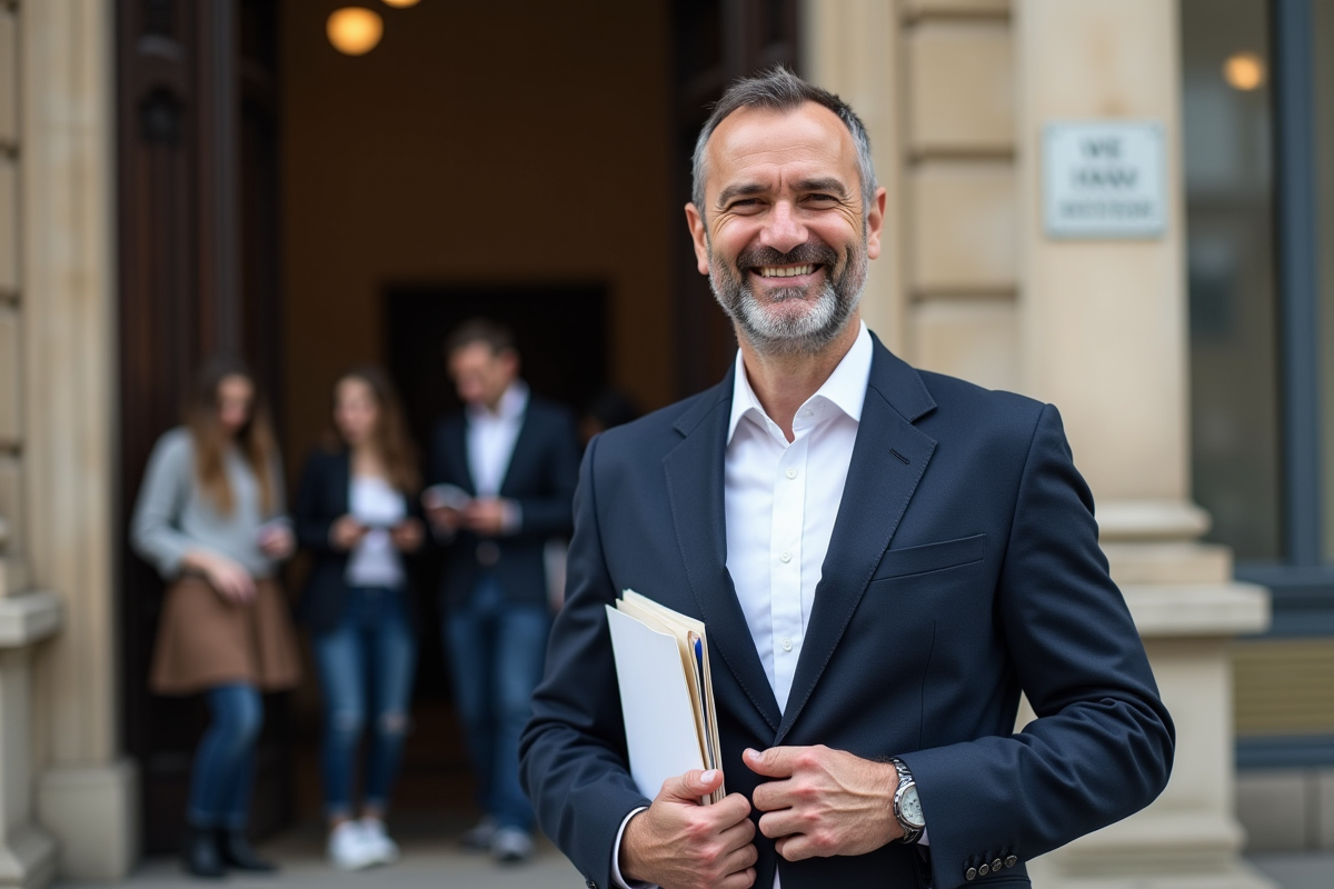 Homme debout devant une école avec dossier RNCP en main