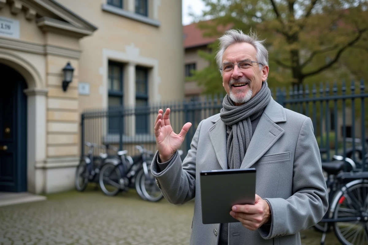 Homme avec tablette devant école historique dans le nord
