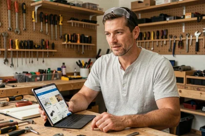 Homme consultant une formation bricolage en ligne sur tablette dans un atelier avec outils et cahier de notes