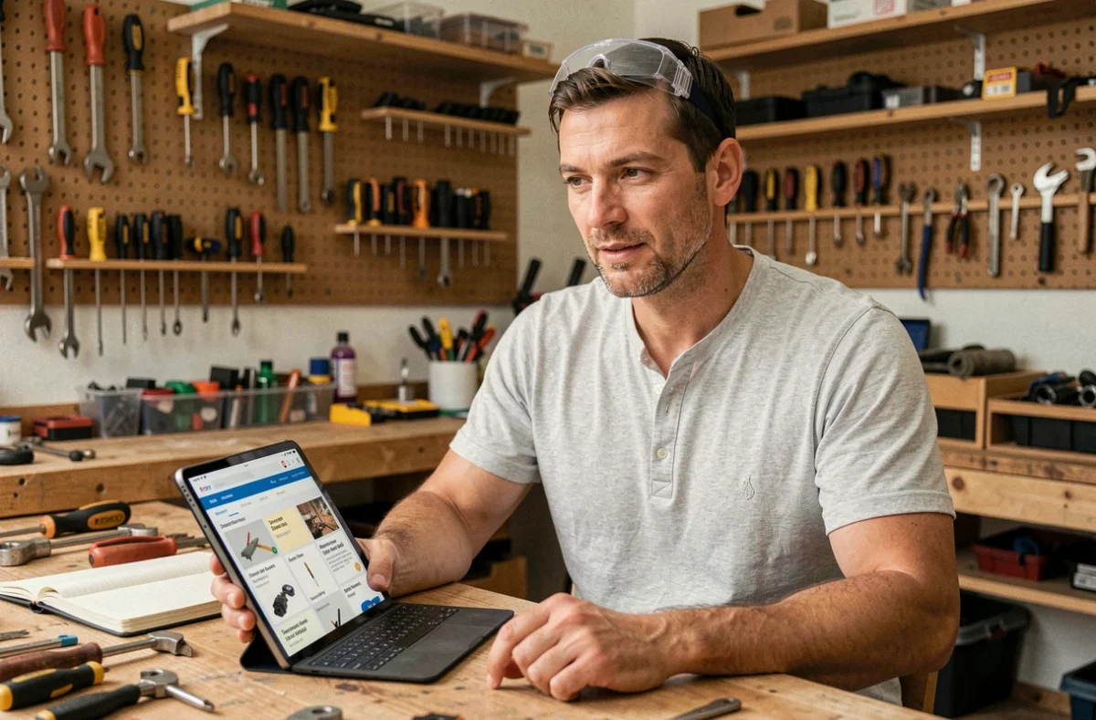 Homme consultant une formation bricolage en ligne sur tablette dans un atelier avec outils et cahier de notes