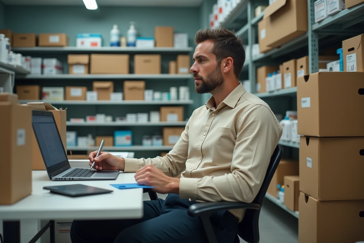 Homme en reconversion professionnelle suivant une formation en ligne sur la parapharmacie dans un bureau de stockage, symbolisant l'apprentissage autodidacte sans parcours commercial