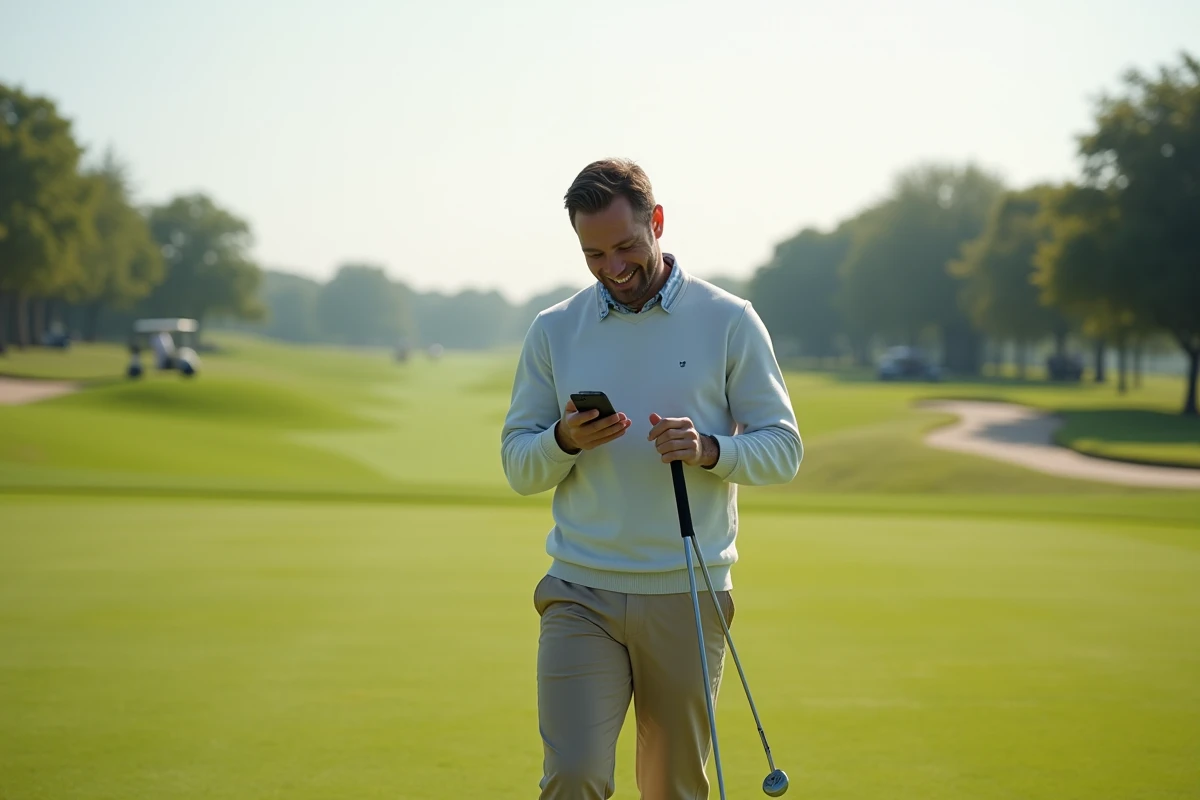 Homme souriant sur un parcours de golf en tenue décontractée