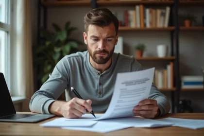 Homme consultant une brochure de formation professionnelle éligible CPF à son bureau à domicile