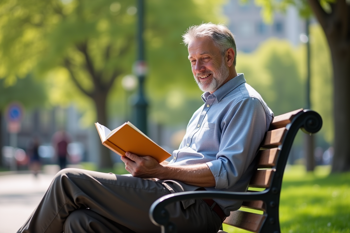 Homme lisant un livre de pleine conscience dans un parc