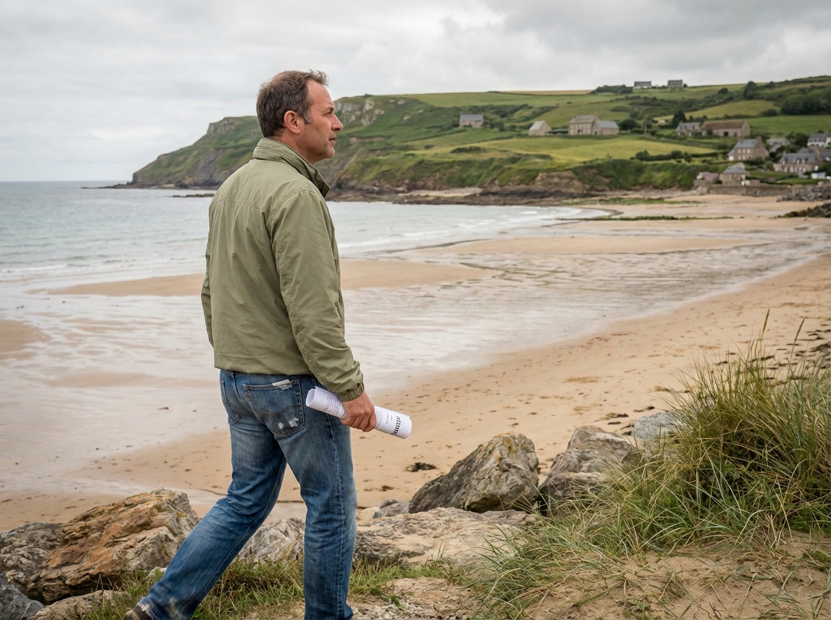 Homme en windbreaker sur la c&ocirc;te normande