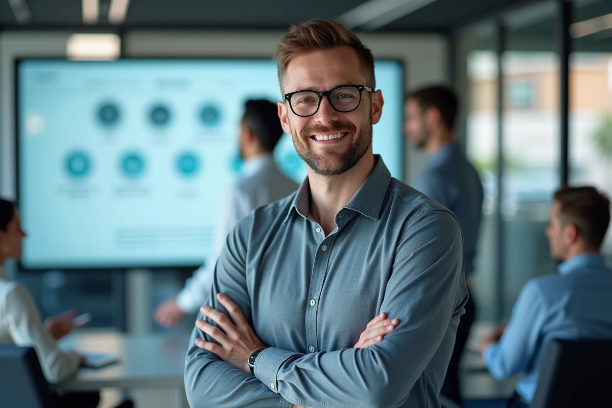 Homme enseignant devant un tableau interactif dans un bureau moderne