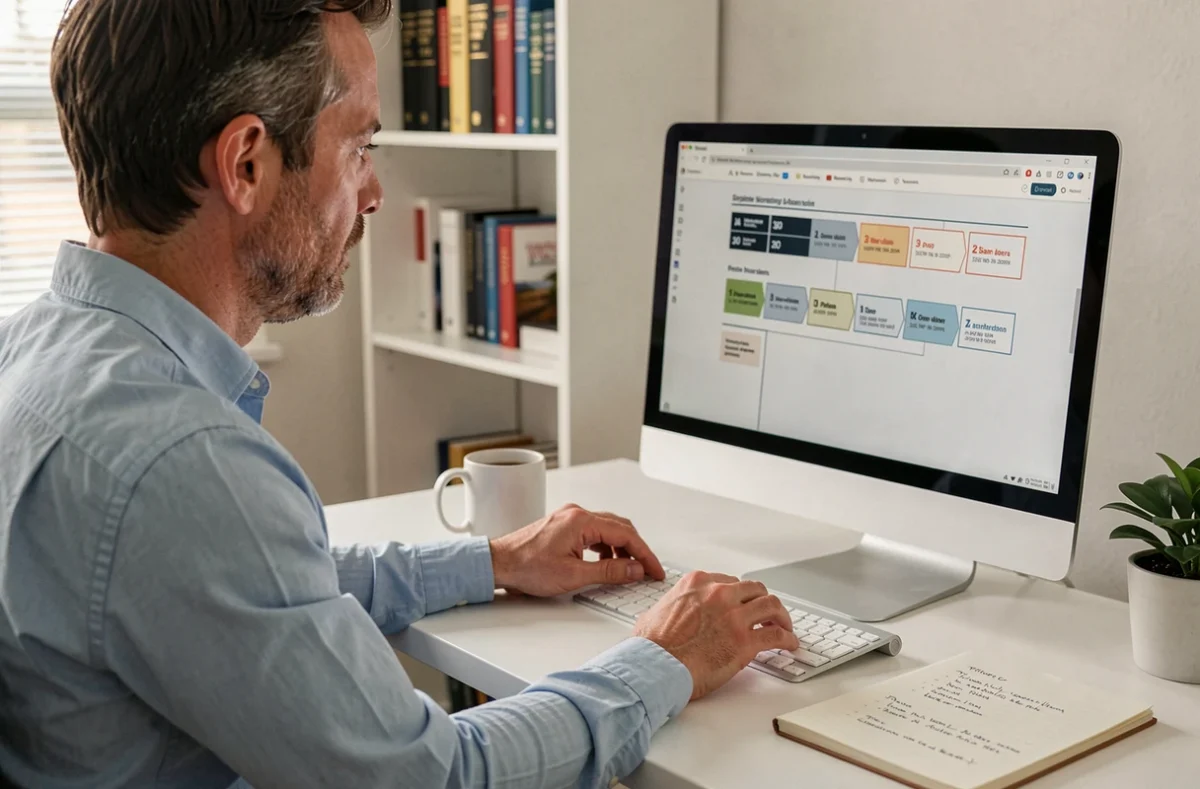Homme consultant les dates officielles des phases du concours CNRS 2026 sur son ordinateur dans un bureau à domicile
