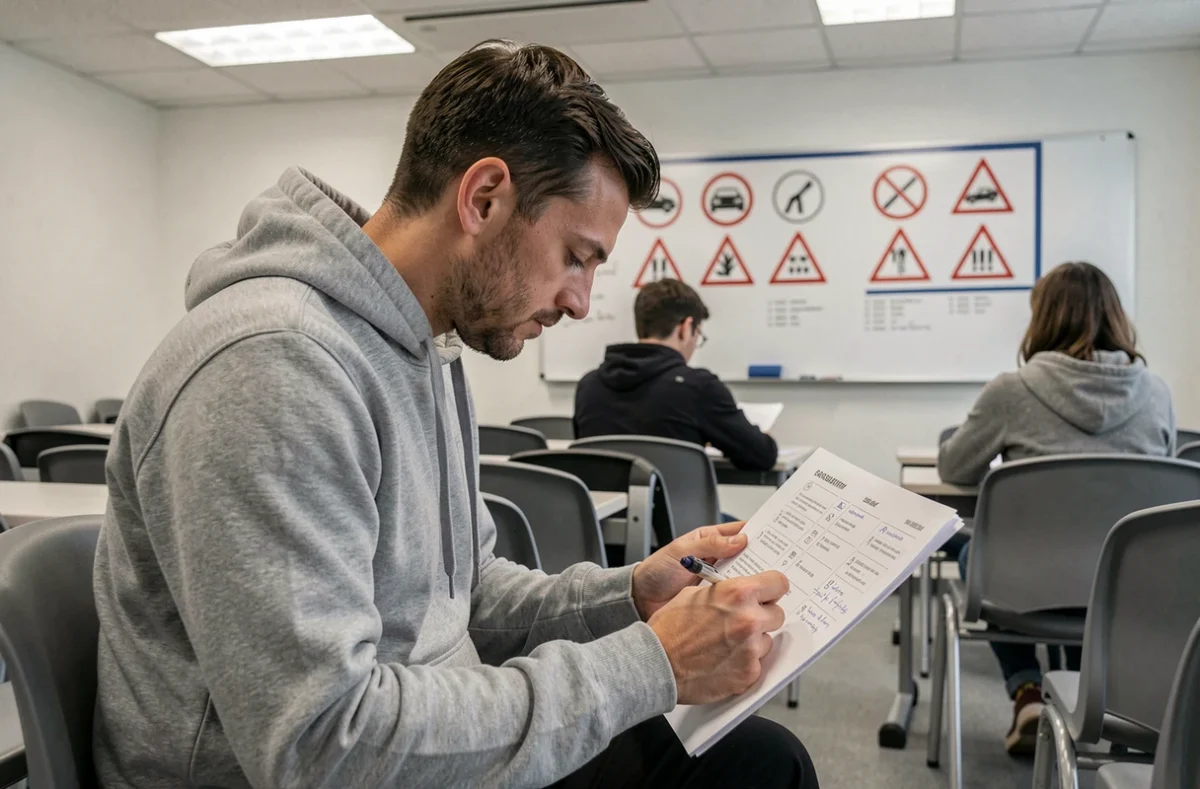 Homme révisant les questions fréquentes du code de la route dans une salle de cours d'auto-école