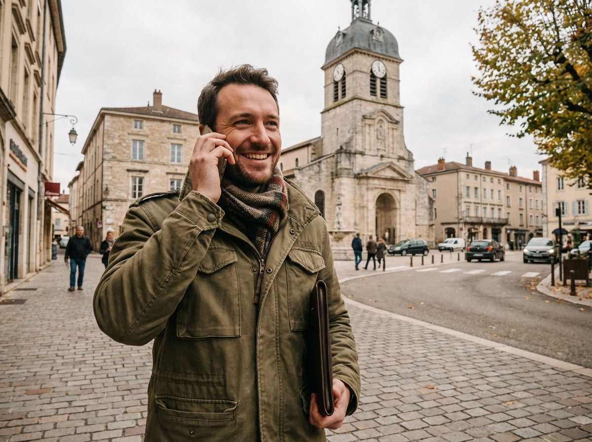 Homme souriant dans la rue de Bourgenbresse avec monument
