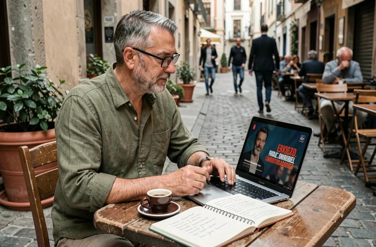 Homme apprenant l'espagnol avec une série télévisée en terrasse de café avec cahier de grammaire ouvert