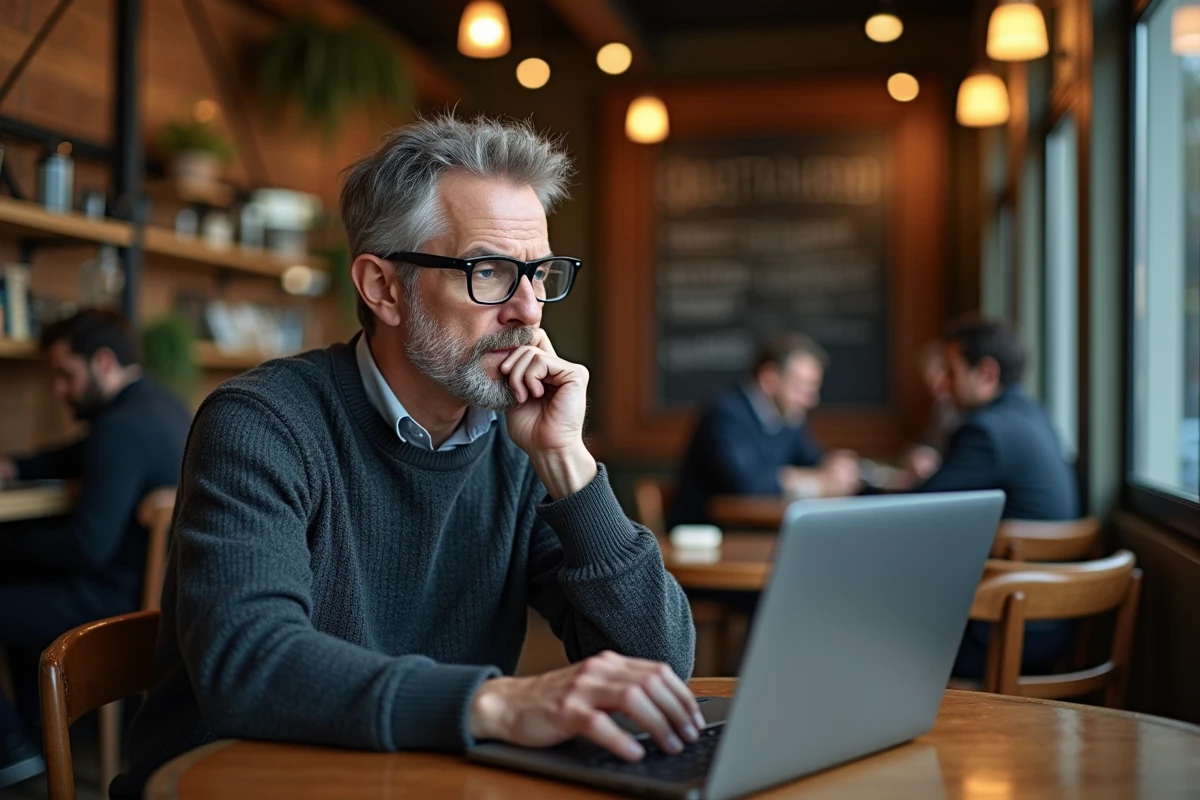 Homme effectuant un test de QI en ligne en français dans un café parisien avec son ordinateur portable