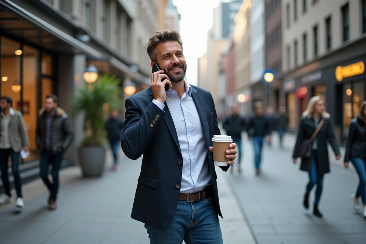 Homme d affaires souriant dans la rue en parlant au téléphone
