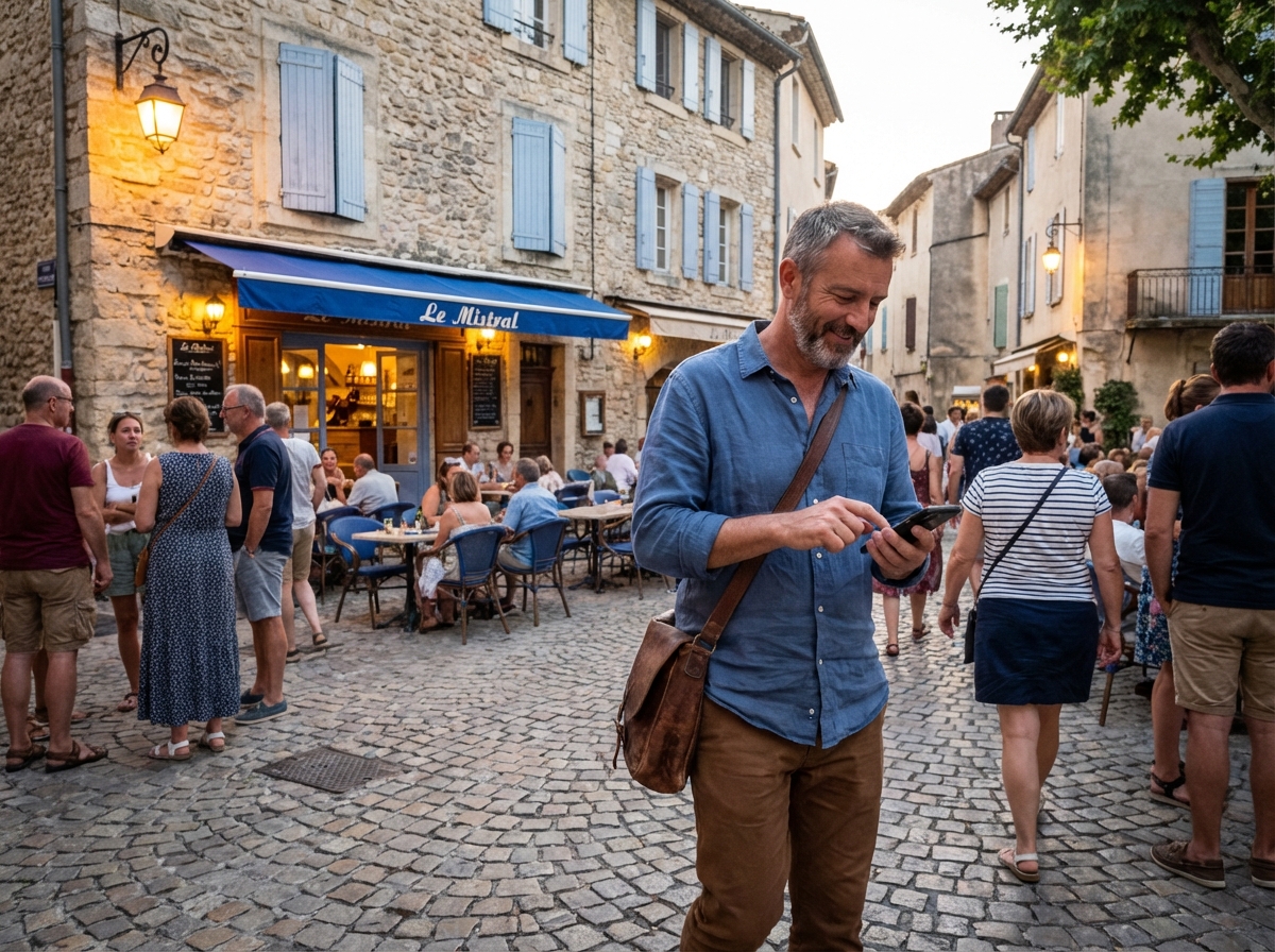 Homme marchant dans une place de village provençal authentique