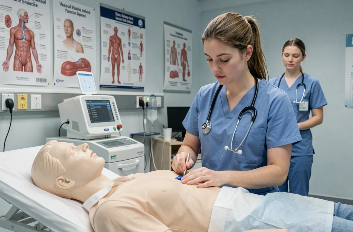 Étudiante infirmière en simulation clinique pratiquant les soins sur mannequin à l'IFSI Croix-Rouge de Vesoul