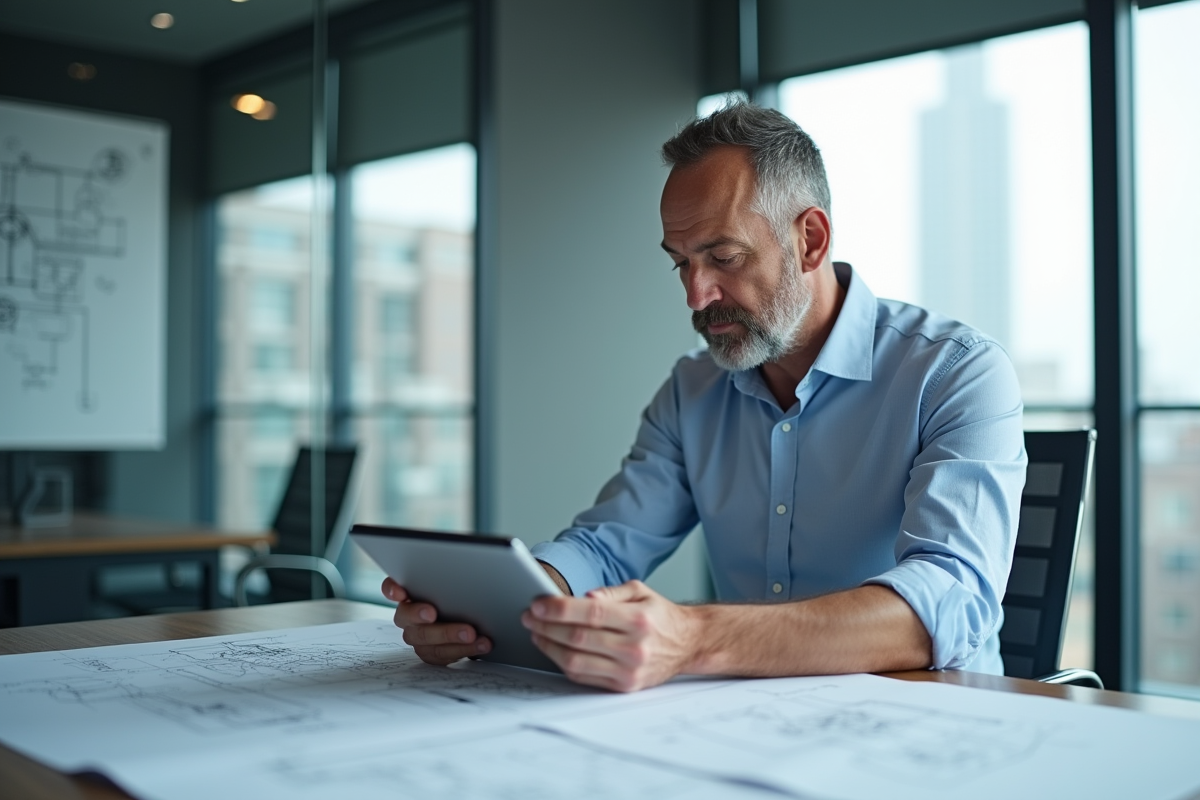Ingénieur examinant des plans techniques dans une salle de réunion