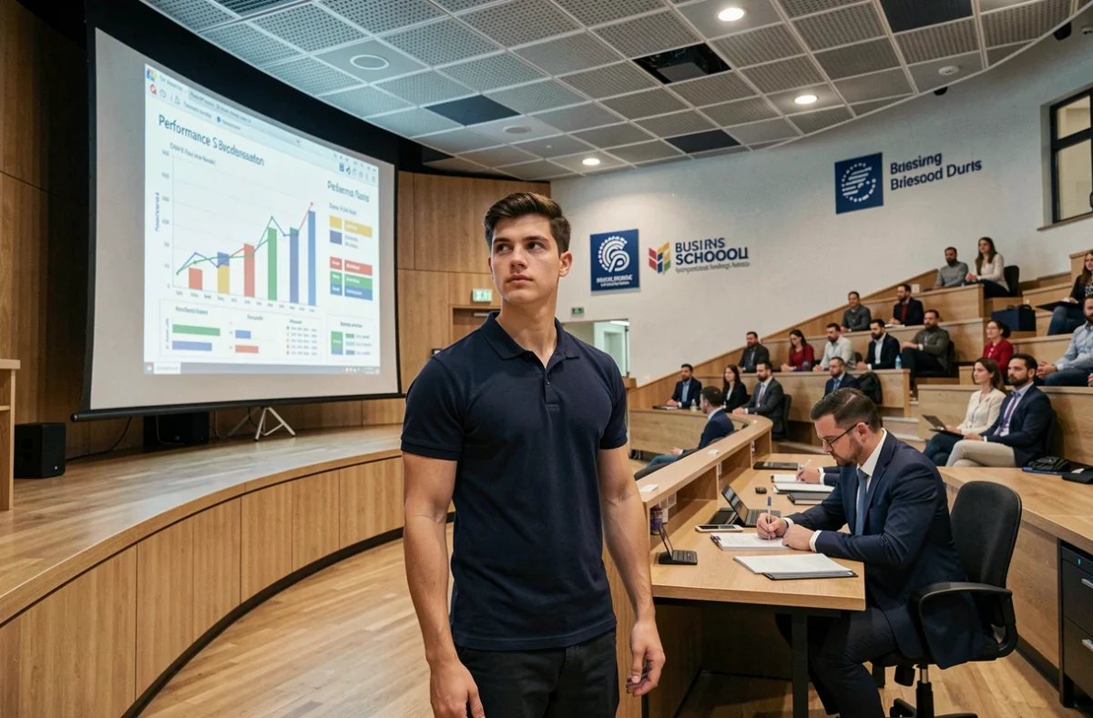 Étudiant présentant un projet de performance devant un amphithéâtre de l'école In&ma Campus d'Albi, école supérieure de la performance