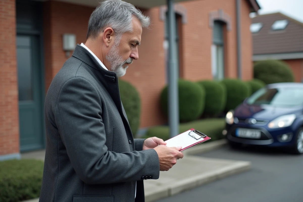 Inspecteur vérifiant un document devant une voiture