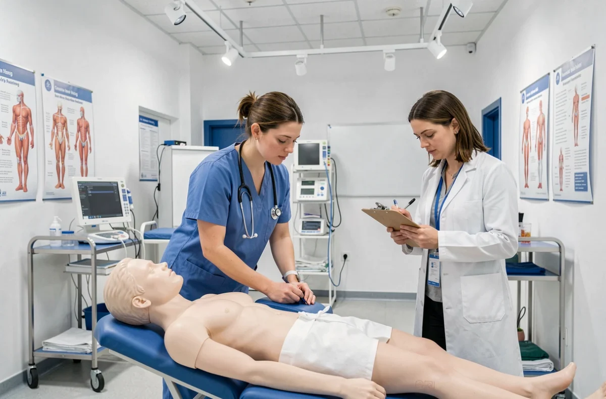 Étudiante infirmière pratiquant des soins sur mannequin dans une salle de simulation des Instituts de Formation aux Métiers de la Santé d'Albi